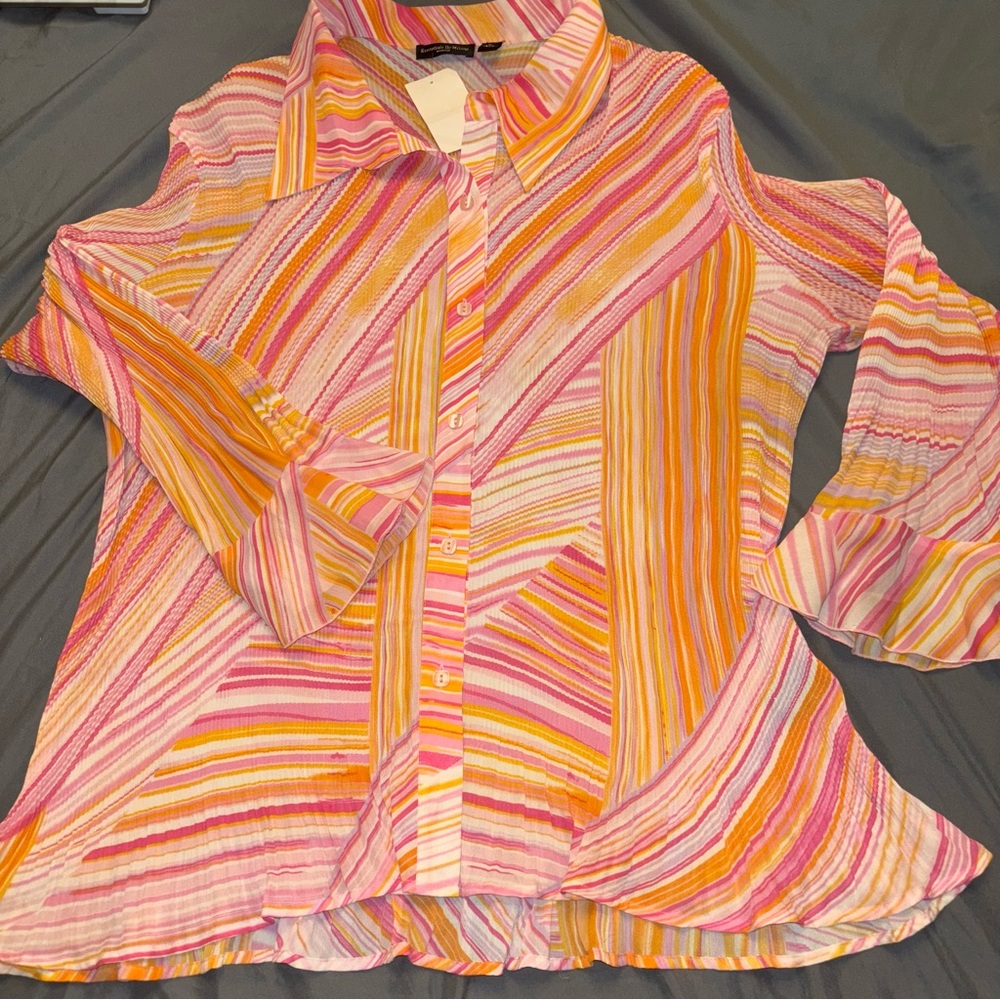 Essentials by Milano Women's Multicolor Striped Button Down Shirt 3X